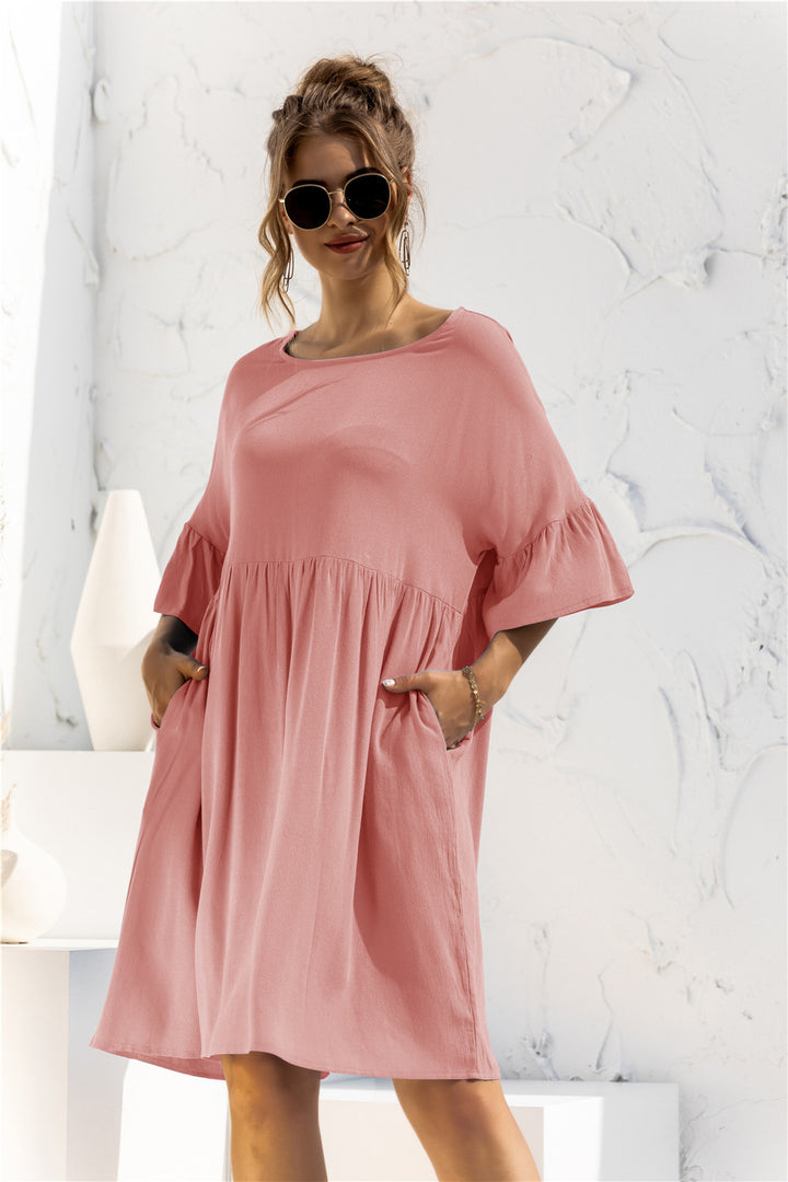 Boat Neck Flounce Sleeve Knee-Length Dress