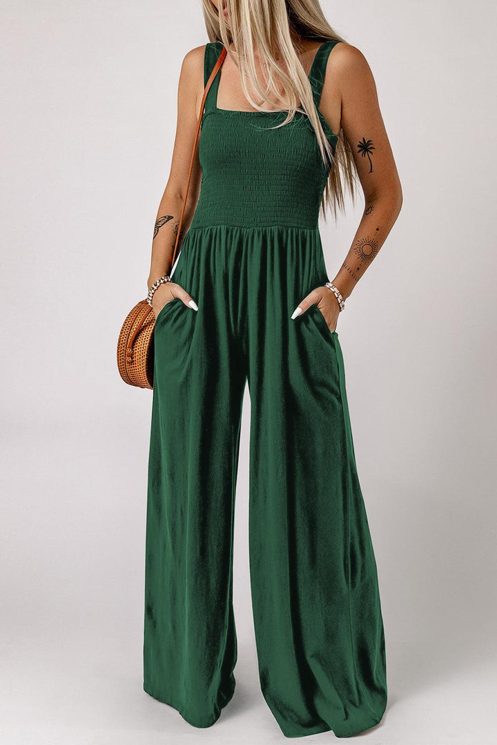 Smocked Square Neck Wide Leg Jumpsuit with Pockets - BELLATRENDZ