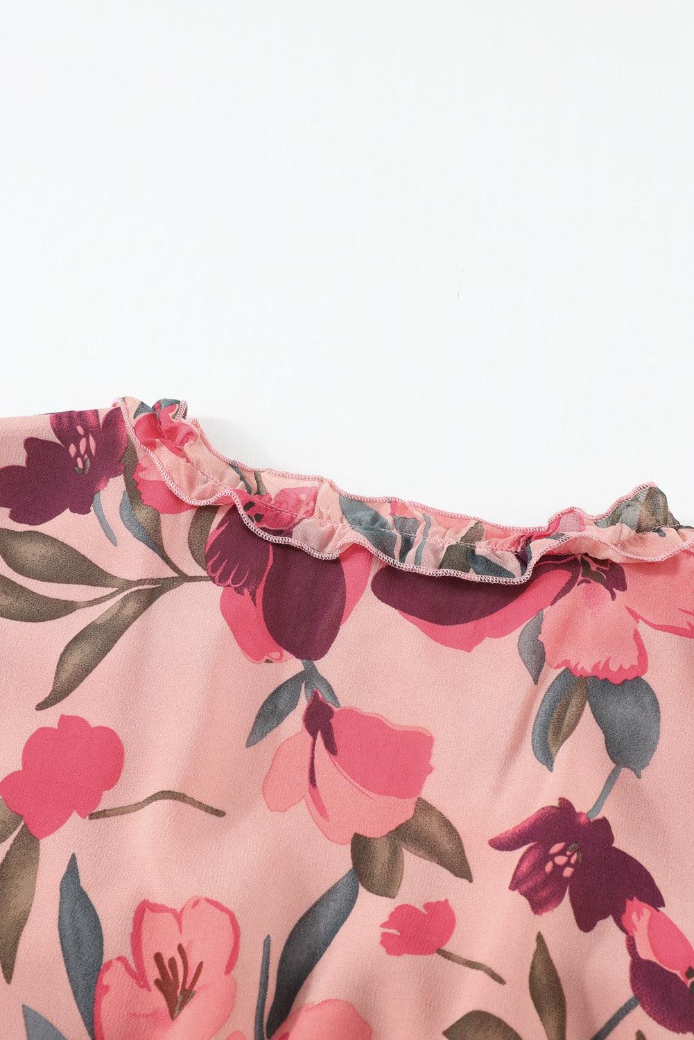Floral Frill Trim Flounce Sleeve Plunge Maxi Dress - BELLATRENDZ