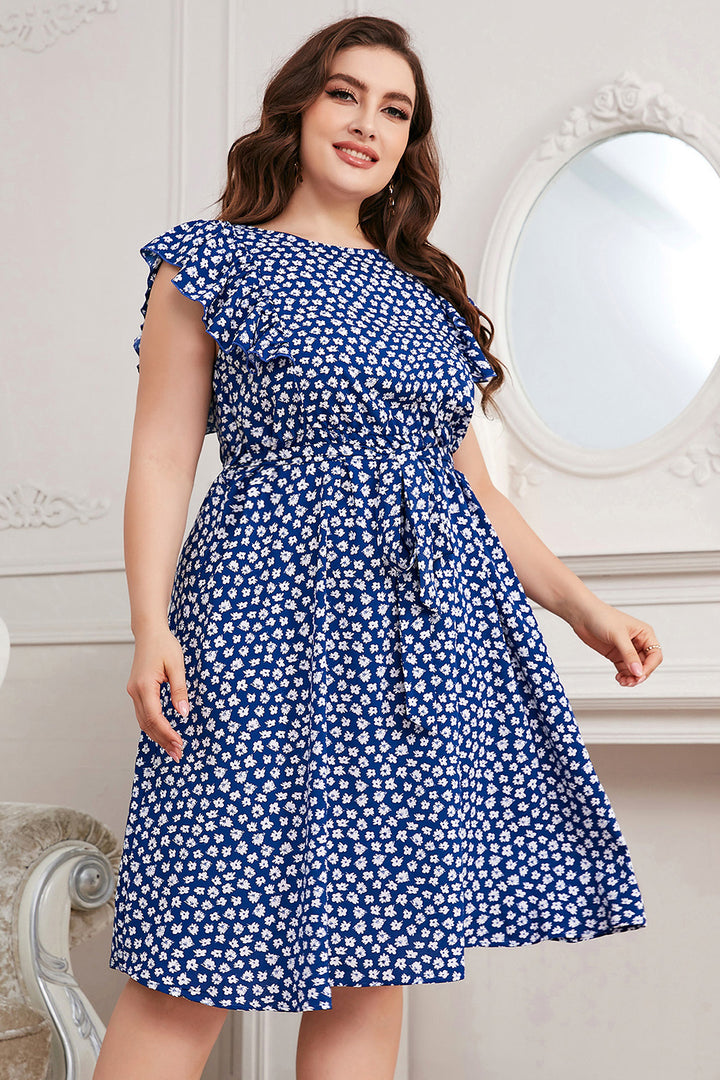 Plus Size Round Neck Tie Waist Dress