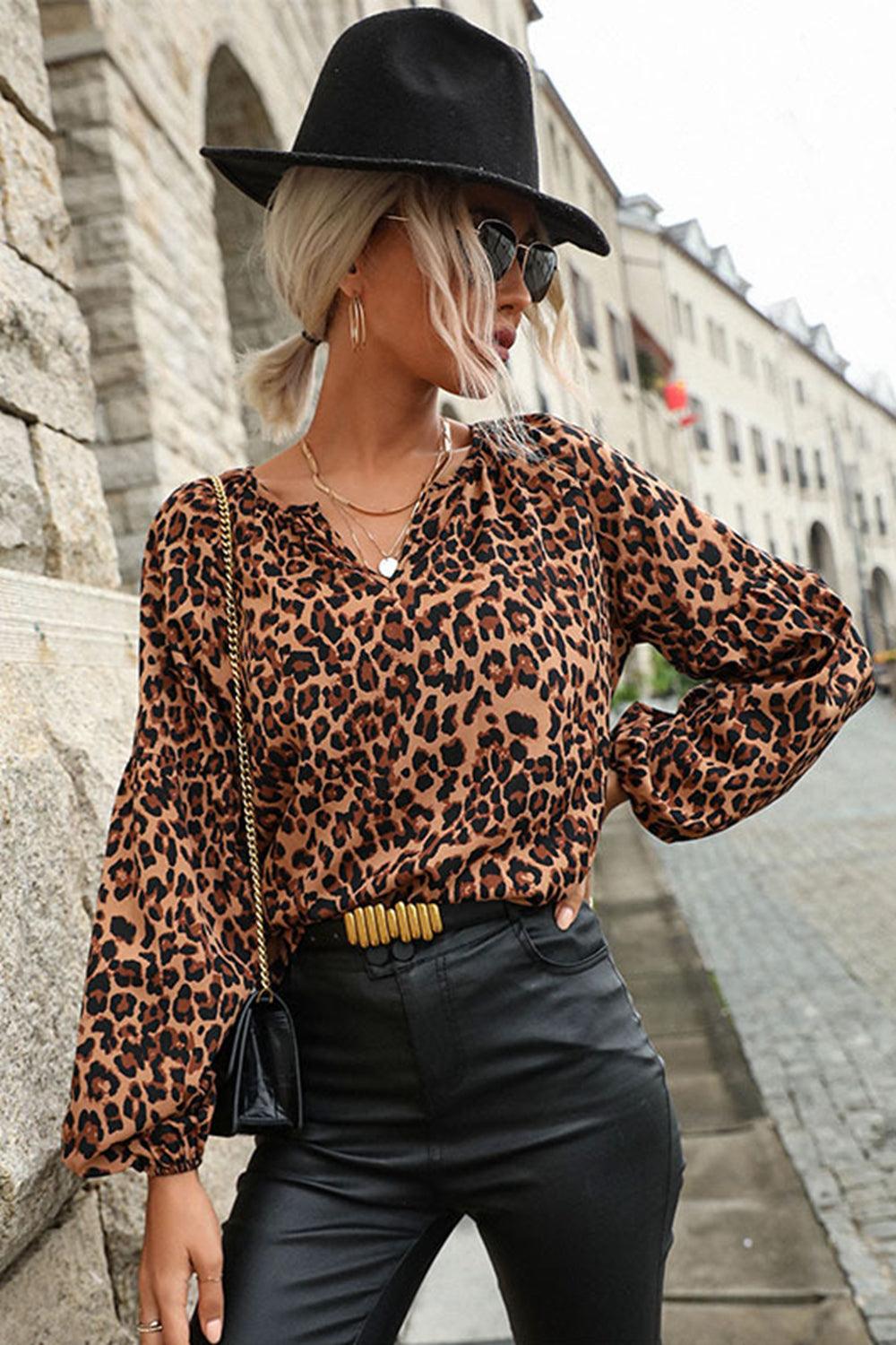 Leopard Lantern Sleeve Blouse - BELLATRENDZ