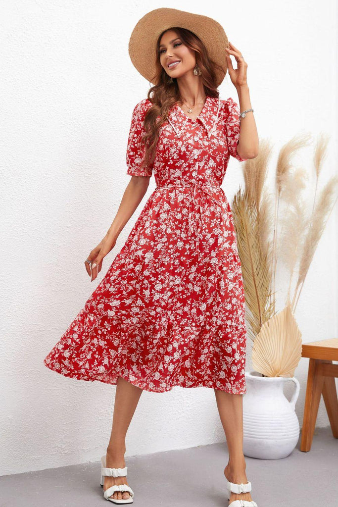 Floral Tie Waist Puff Sleeve Midi Dress - BELLATRENDZ