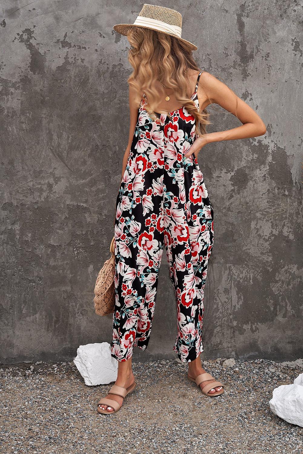 Botanical Print Spaghetti Strap Cropped Jumpsuit - BELLATRENDZ