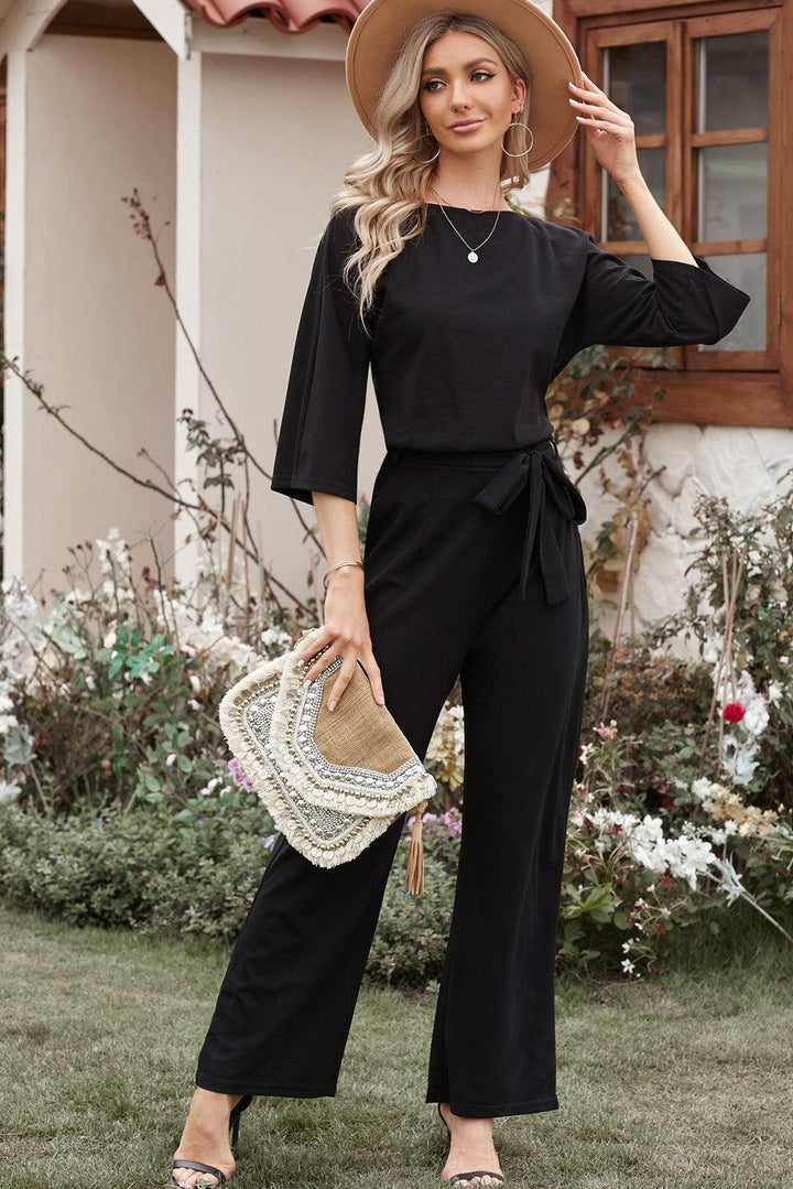 Belted Three-Quarter Sleeve Jumpsuit - BELLATRENDZ