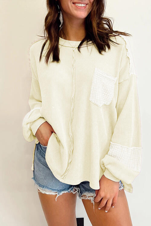 Waffle-Knit Exposed Seam Lantern Sleeve Blouse