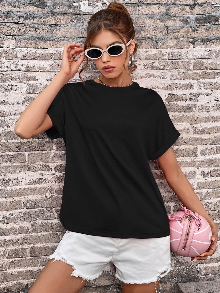 Round Neck Cuffed Sleeve T-Shirt - BELLATRENDZ