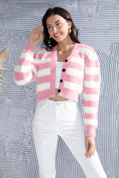 Striped Button Up Cropped Cardigan