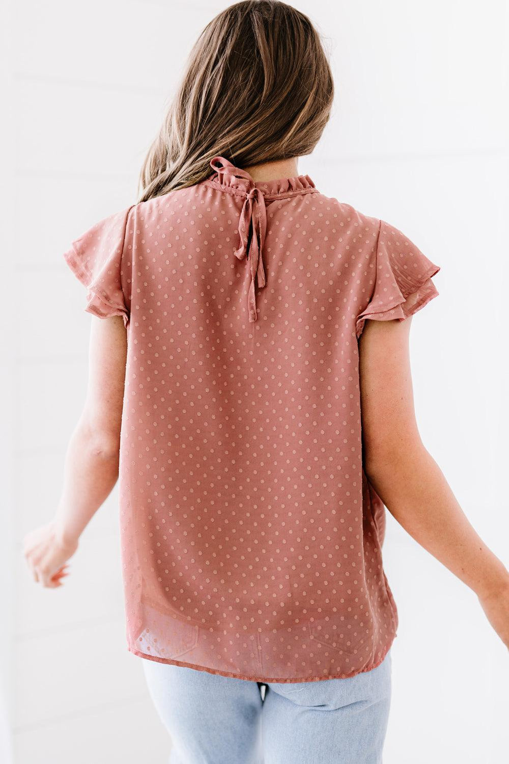 Polka Dot Smocked Flutter Sleeve Blouse - BELLATRENDZ