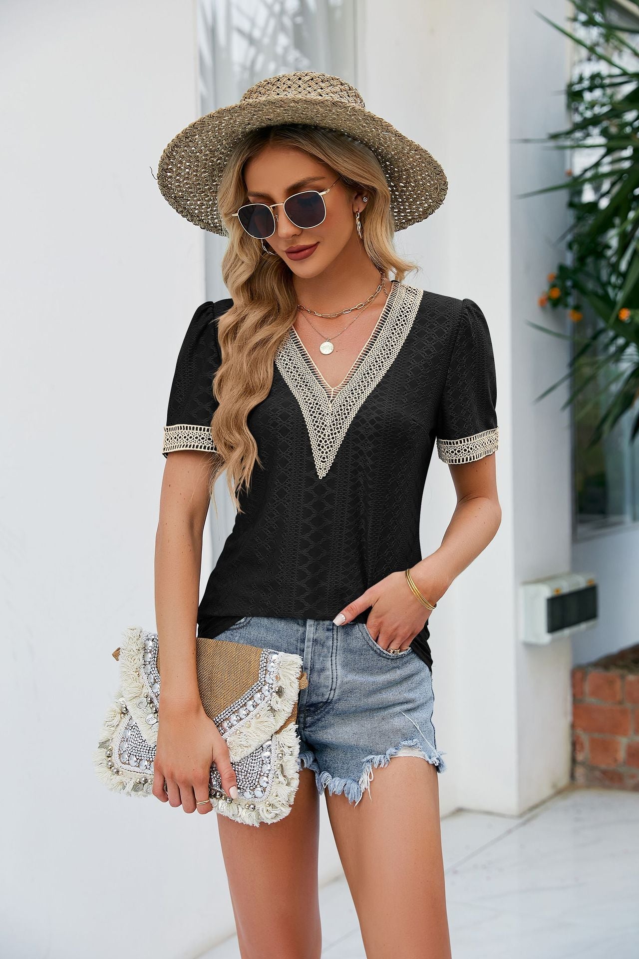 Contrast V-Neck Puff Sleeve Top