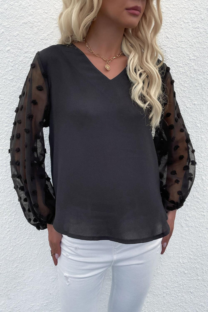 Swiss Dot Sleeve V-Neck Top - BELLATRENDZ