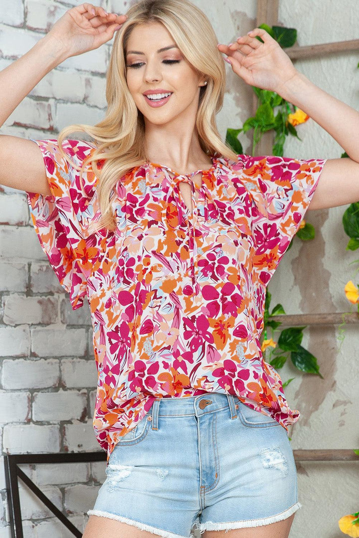 Floral Tie Neck Flutter Sleeve Blouse - BELLATRENDZ