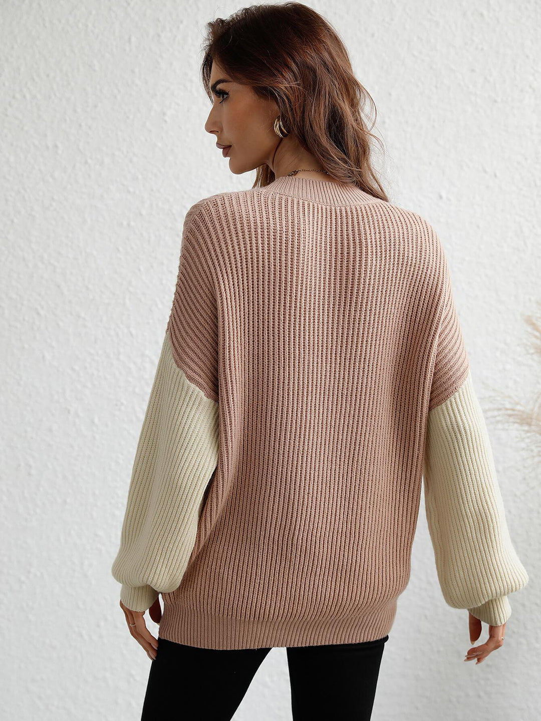 Two-Tone Rib-Knit Dropped Shoulder Sweater - BELLATRENDZ