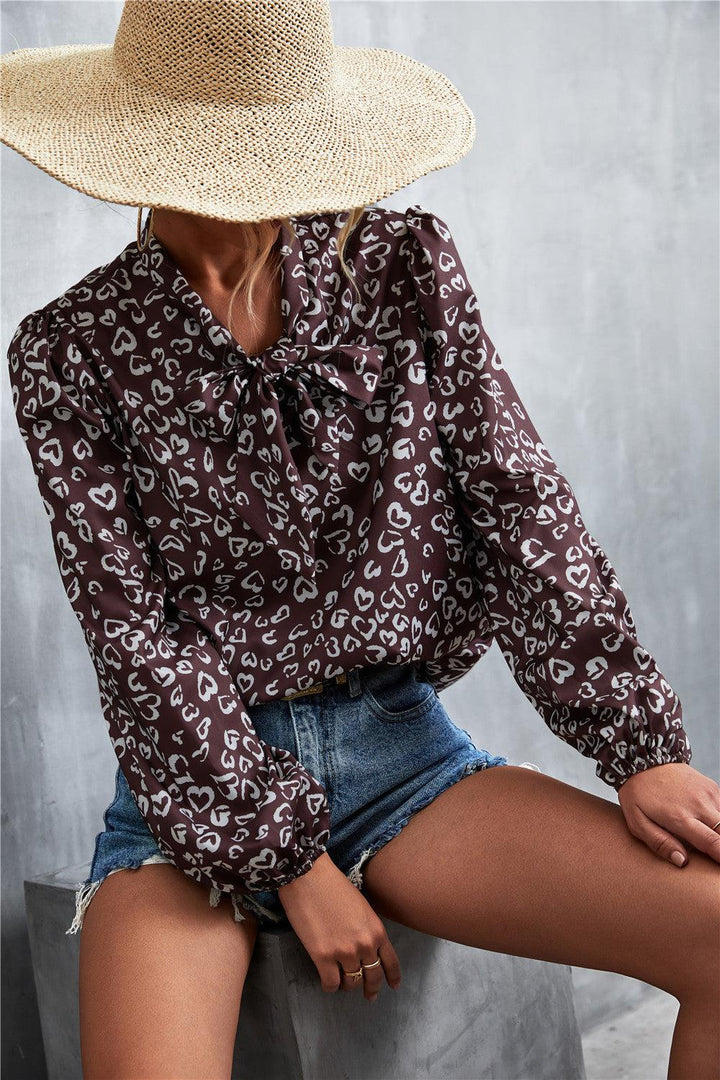 Printed Tie Neck Puff Sleeve Blouse - BELLATRENDZ