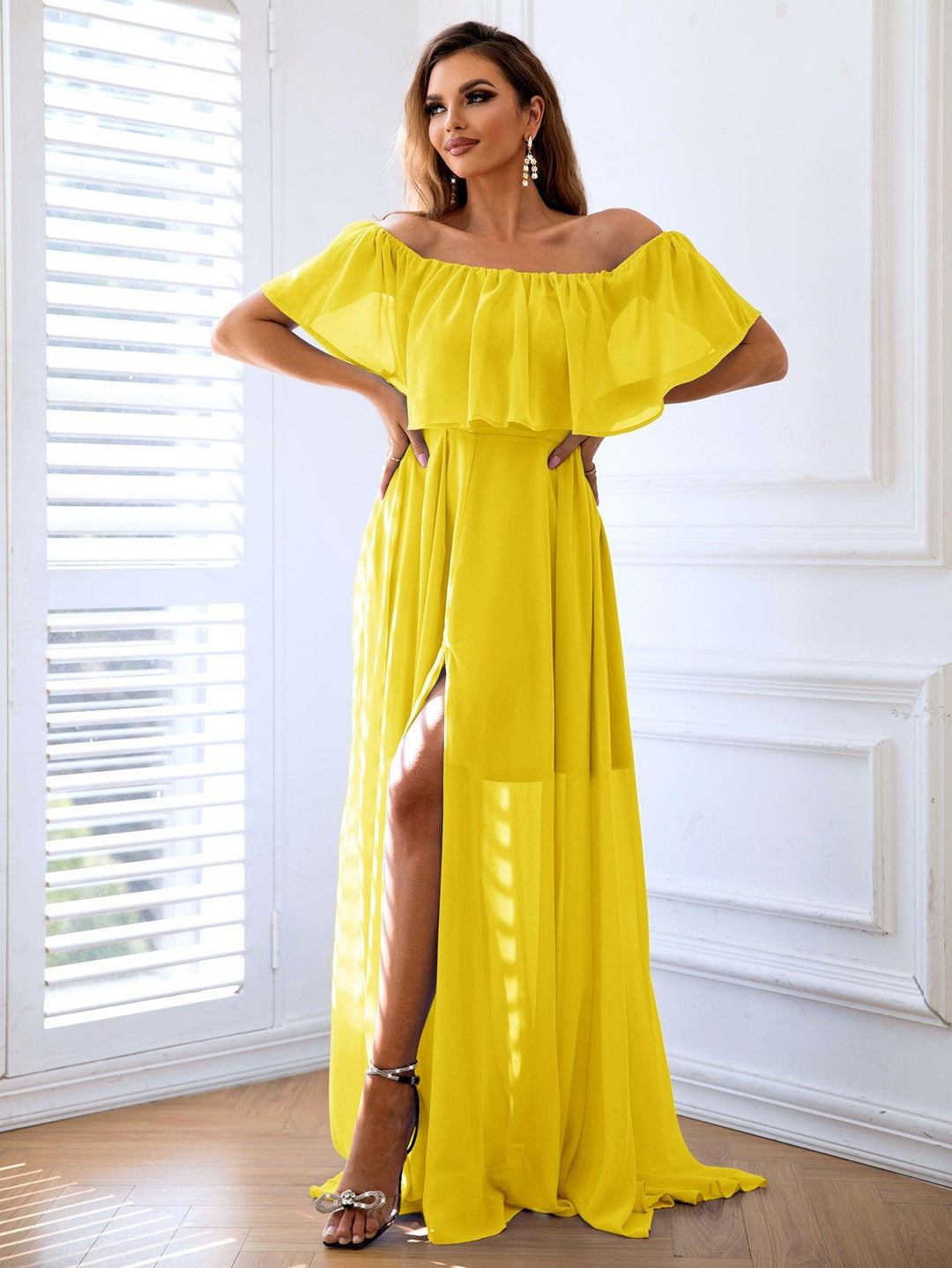 Off-Shoulder Layered Split Maxi Dress - BELLATRENDZ