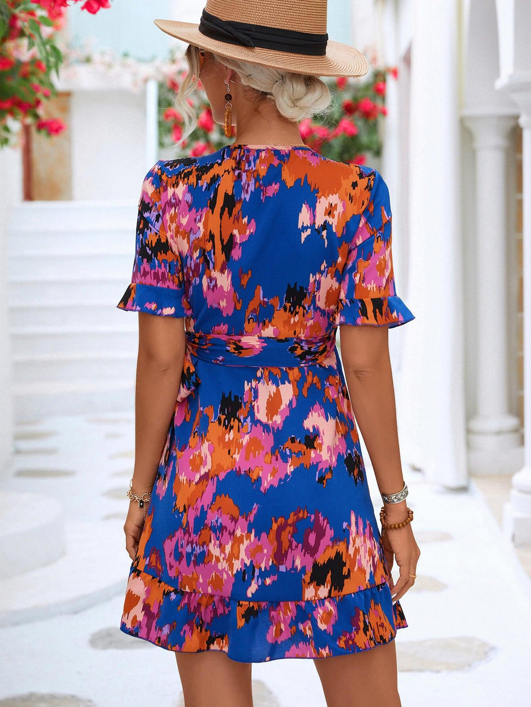 Printed Flounce Sleeve Tied Dress - BELLATRENDZ