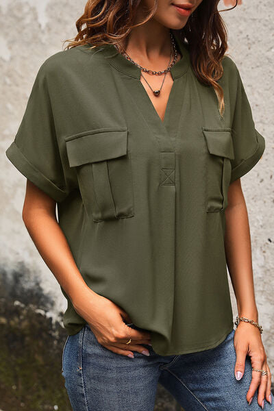 Pocketed Notched Short Sleeve Blouse