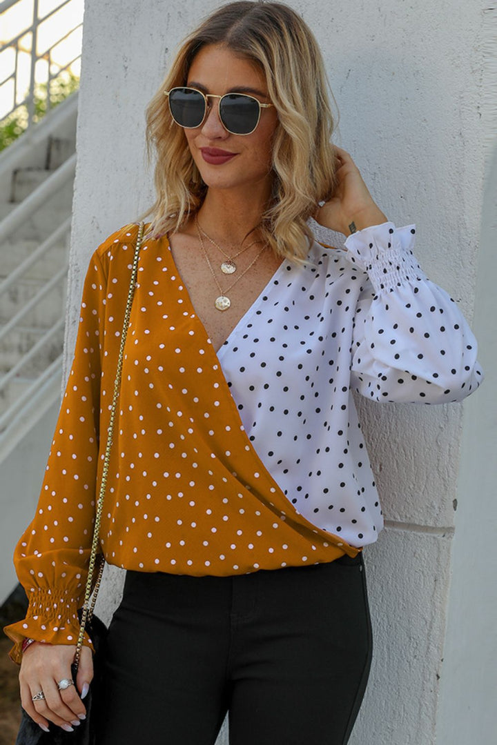 Polka Dot Surplice Neck Lantern Sleeve Blouse