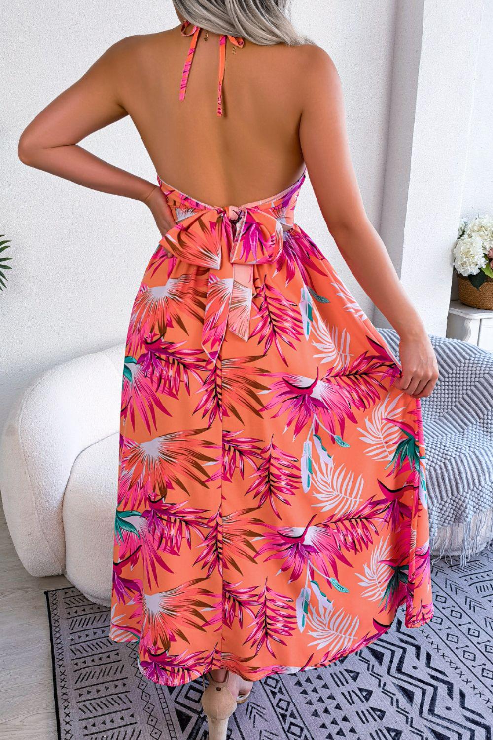 Botanical Print Tied Backless Cutout Slit Dress - BELLATRENDZ