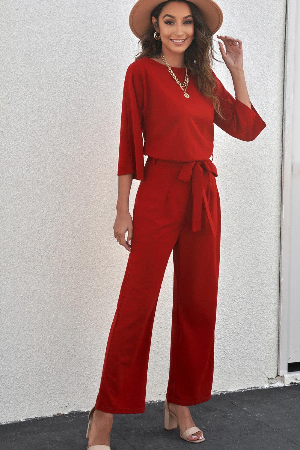 Belted Three-Quarter Sleeve Jumpsuit - BELLATRENDZ