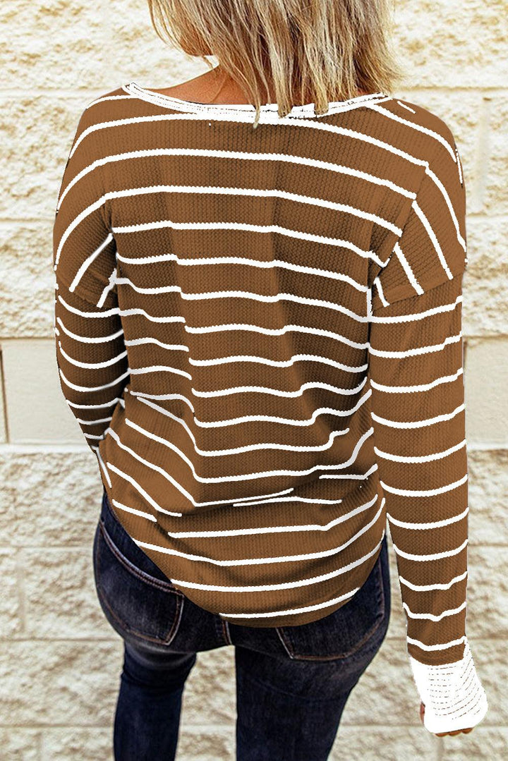 Striped Waffle Knit Henley Long Sleeve Top - BELLATRENDZ