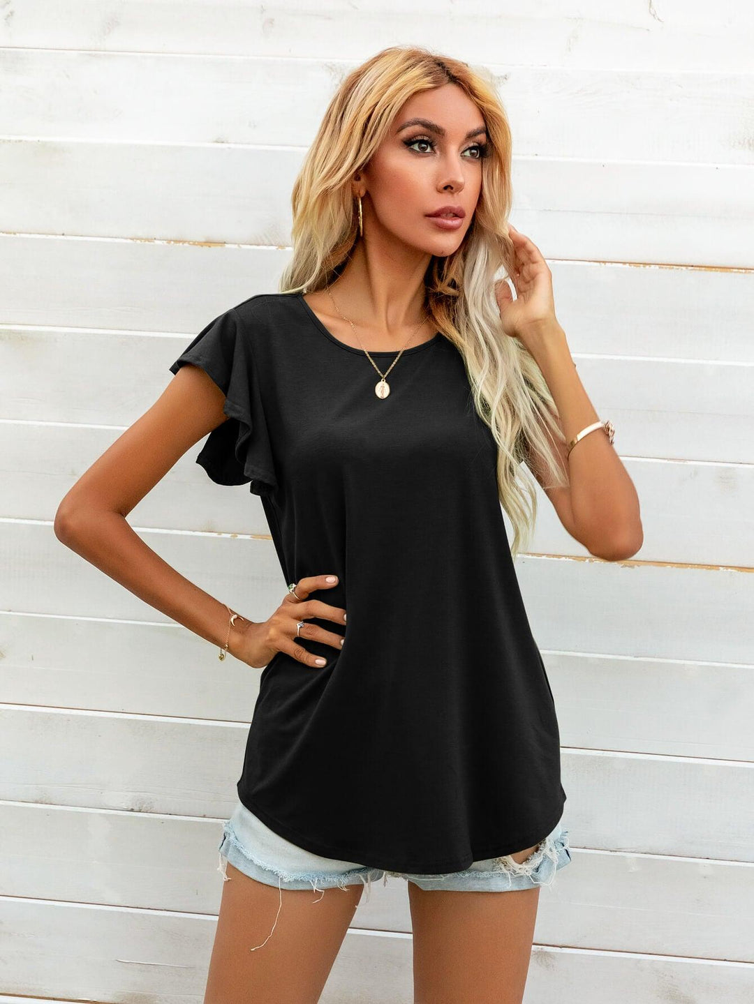 Round Neck Butterfly Sleeve Top - BELLATRENDZ