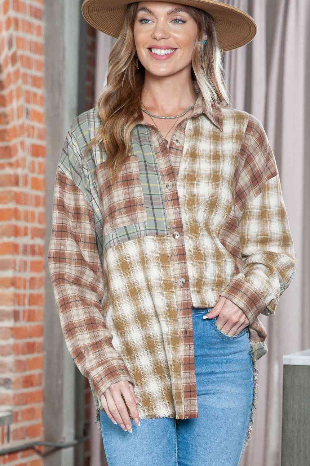 Plaid Collared Neck Long Sleeve Shirt