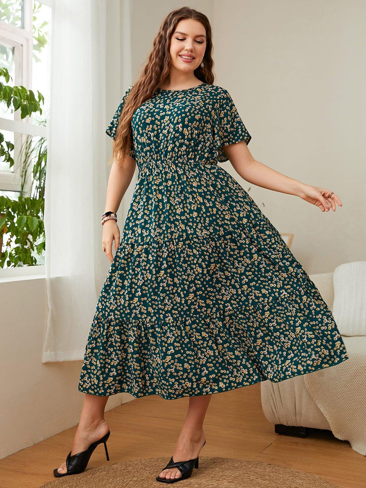 Plus Size Floral Round Neck Short Sleeve Midi Dress - BELLATRENDZ