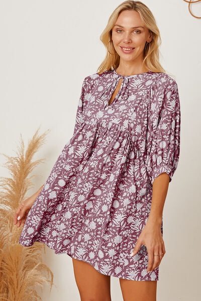 Floral Tie Neck Ruched Babydoll Dress