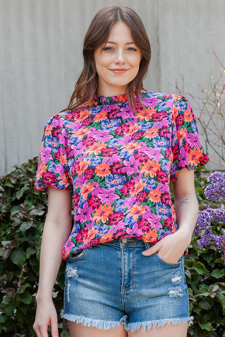 Floral Print Puff Sleeve Round Neck Blouse