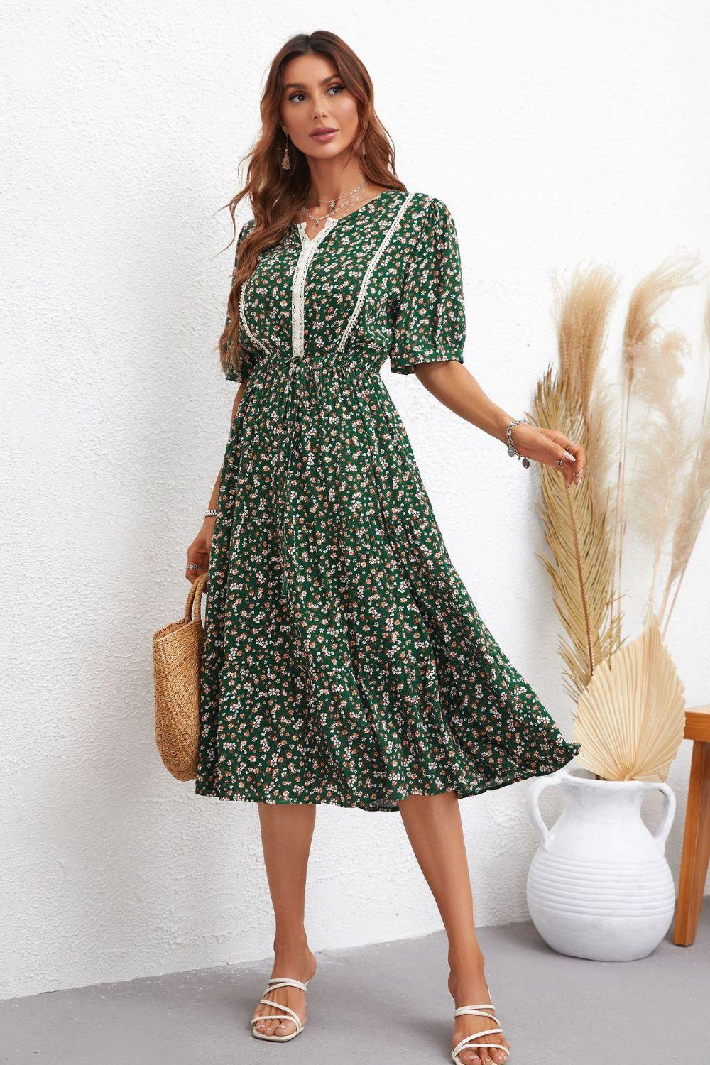 Floral Notched Neck Lace Trim Midi Dress - BELLATRENDZ