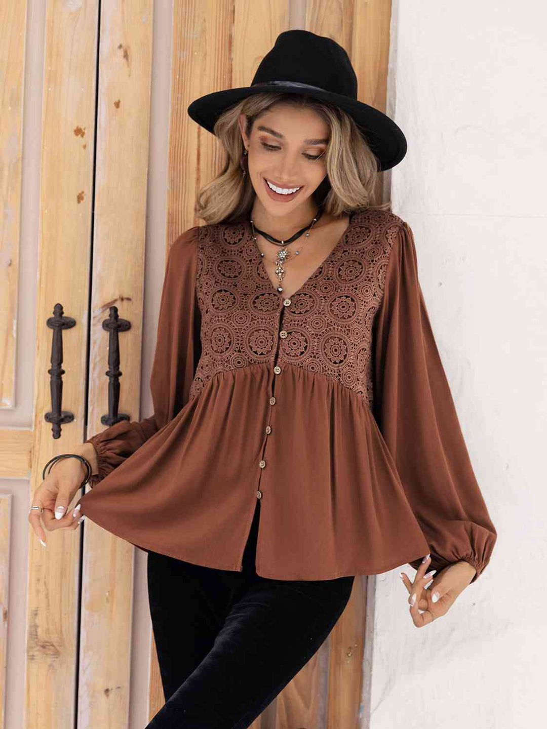 Printed V-Neck Long Sleeve Blouse