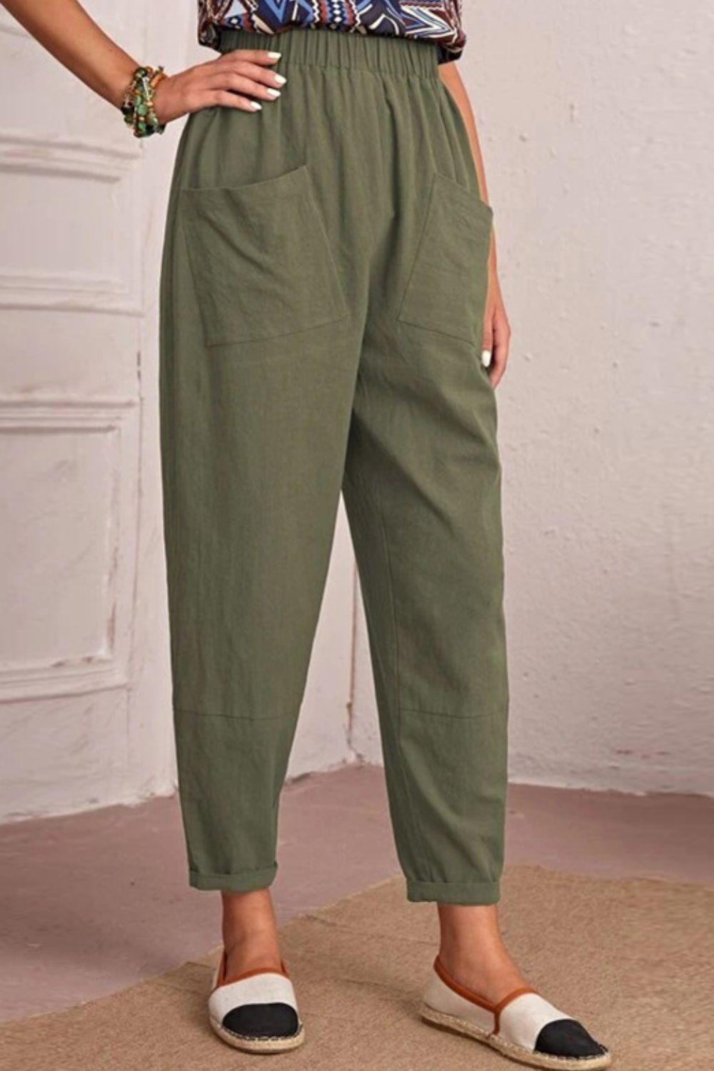 Elastic Waist Pocket Tapered Pants - BELLATRENDZ