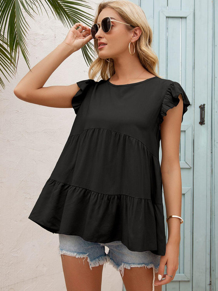 Round Neck Flutter Sleeve Tiered Blouse - BELLATRENDZ