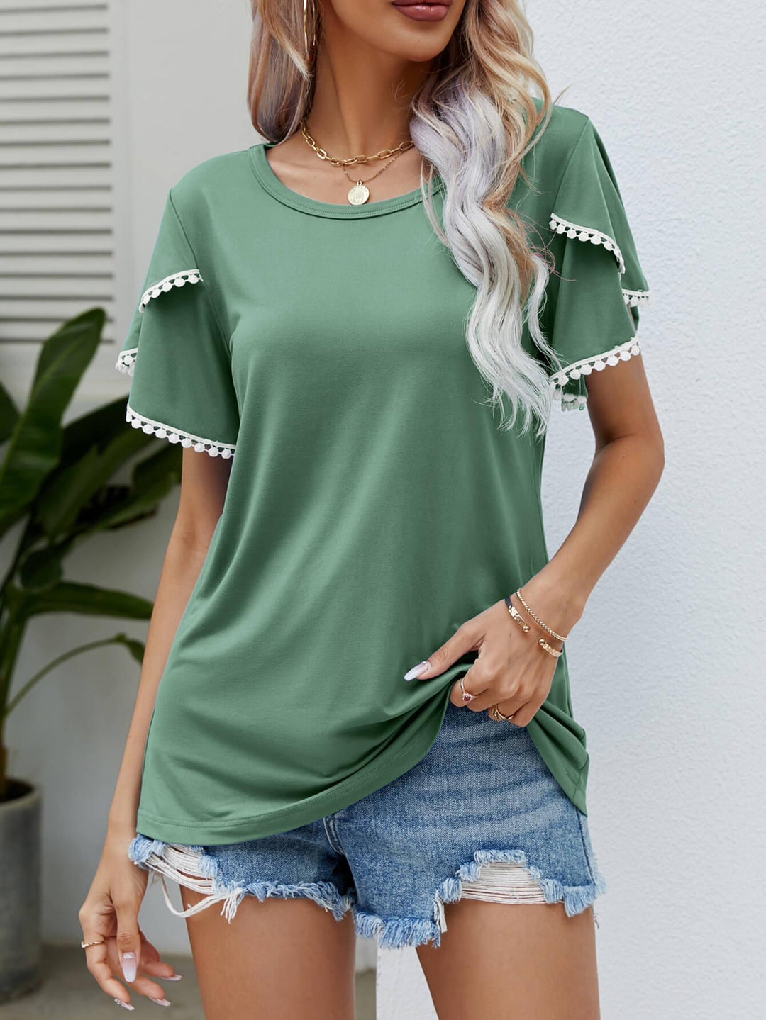 Pom-Pom Trim Flutter Sleeve Round Neck Tee - BELLATRENDZ