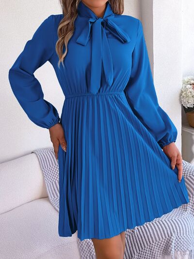 Tie Neck Balloon Sleeve Pleated Dress