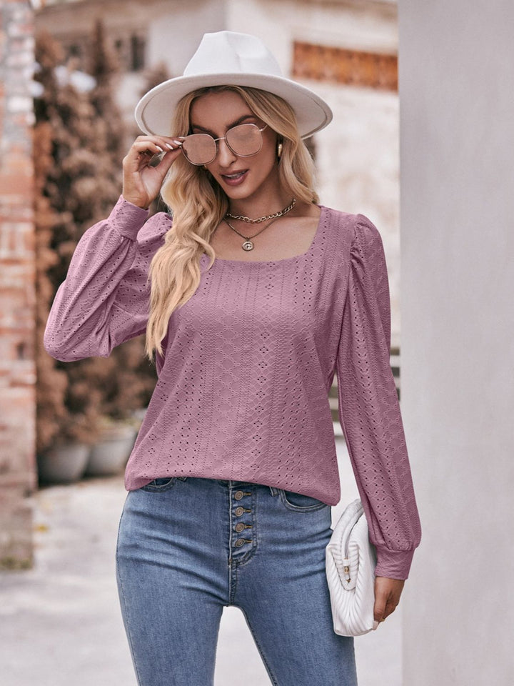 Eyelet Square Neck Puff Sleeve Blouse