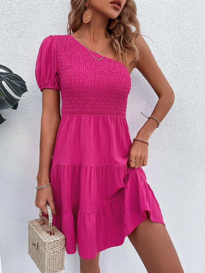 One-Shoulder Smocked Tiered Dress - BELLATRENDZ