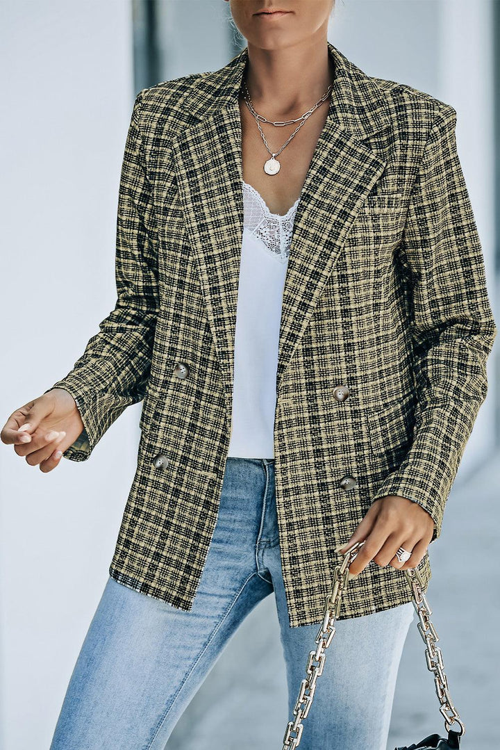 Plaid Double-Breasted Long Sleeve Blazer - BELLATRENDZ