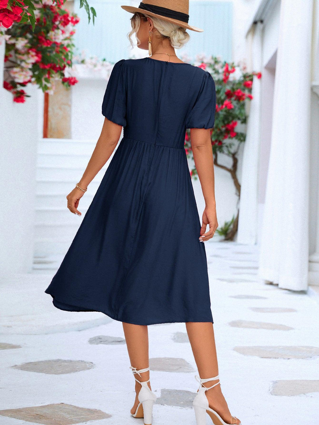 Twisted Short Puff Sleeve V-Neck Dress - BELLATRENDZ