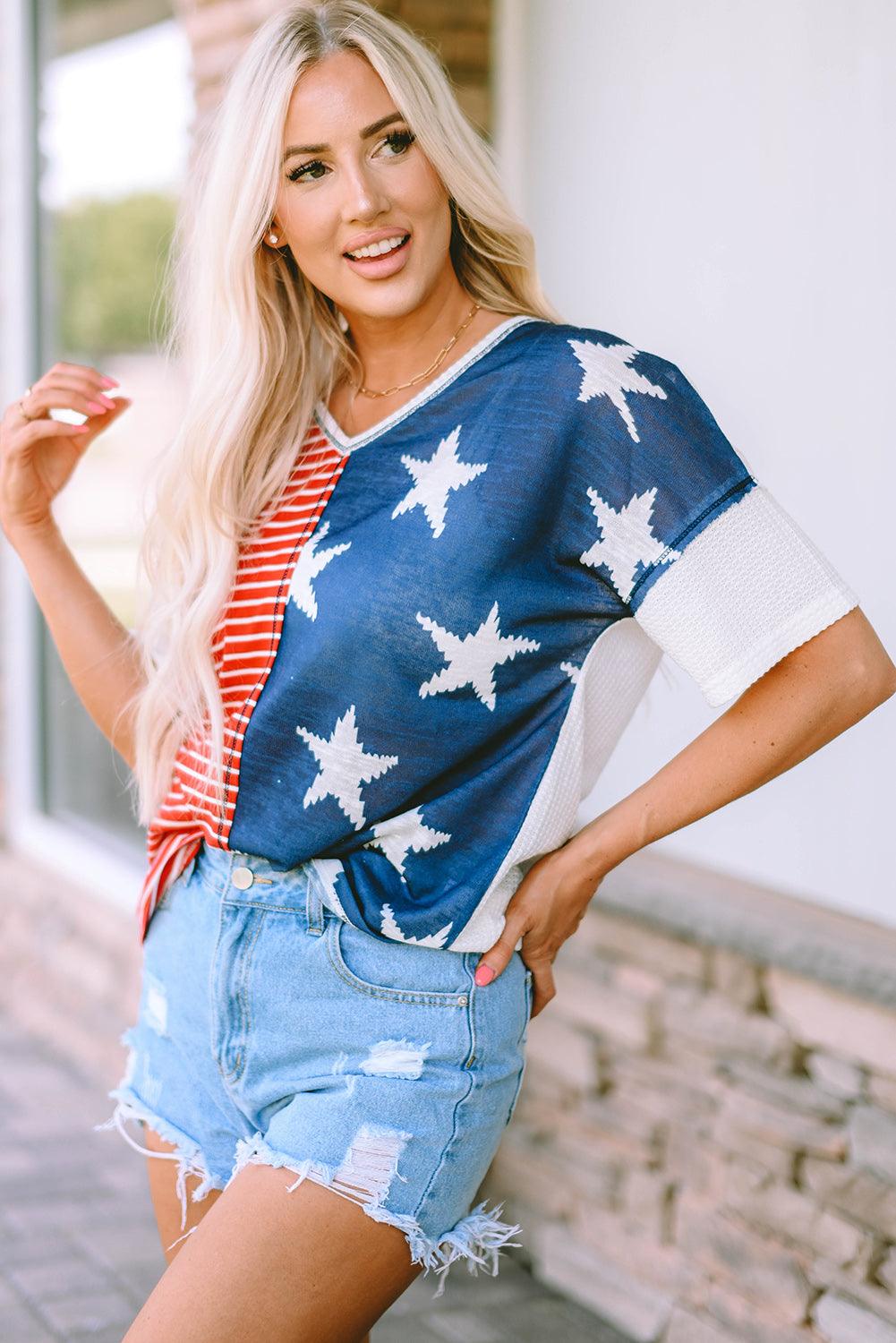 Star and Stripe V-Neck Top - BELLATRENDZ