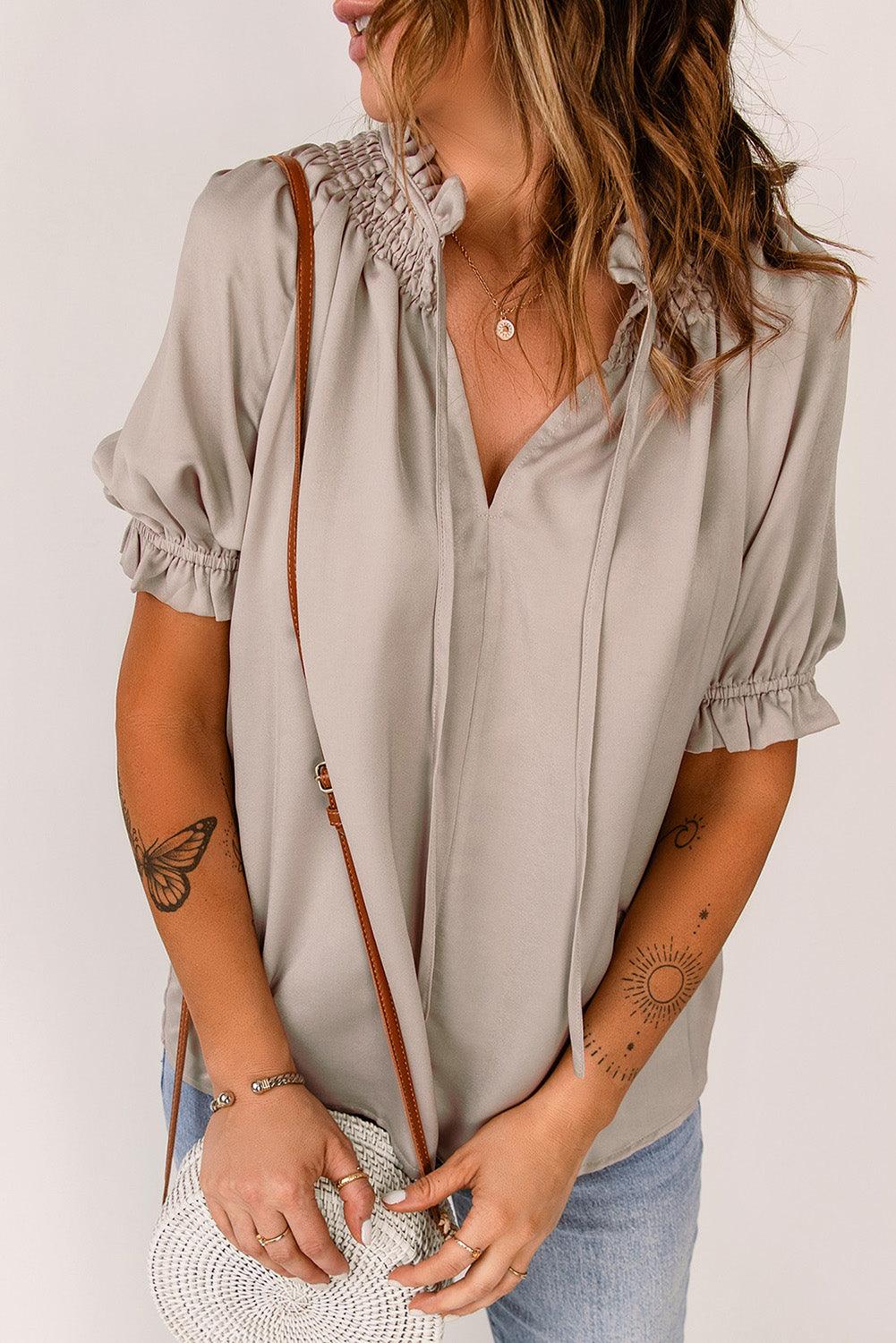 Smocked Frill Trim Flounce Sleeve Blouse - BELLATRENDZ