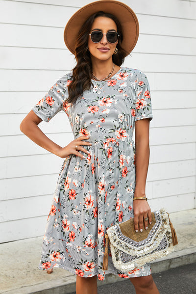 Striped Floral Short Sleeve  Dress with Pockets