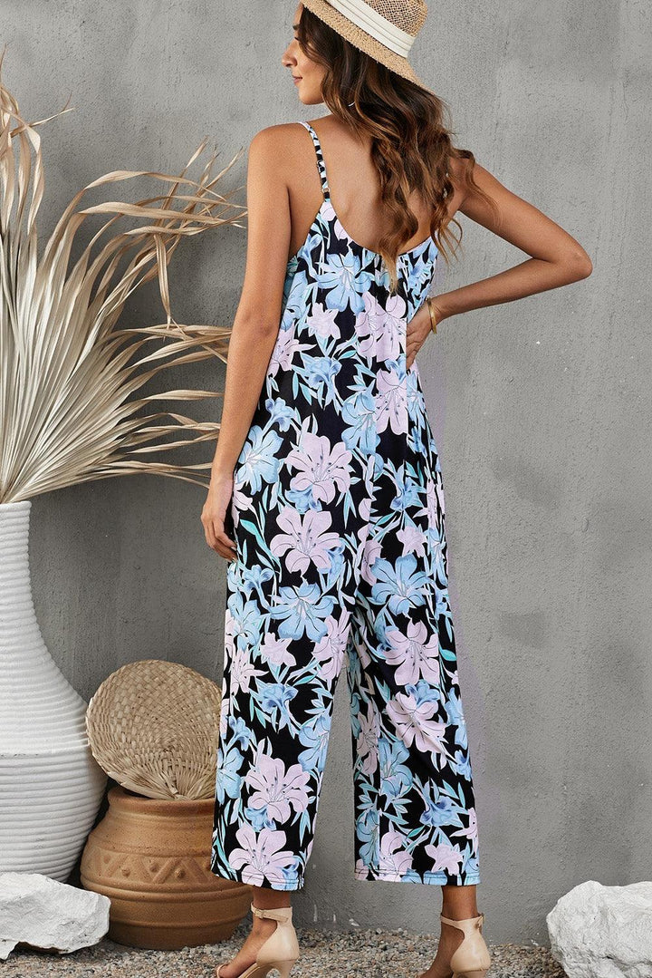 Botanical Print Spaghetti Strap Cropped Jumpsuit - BELLATRENDZ