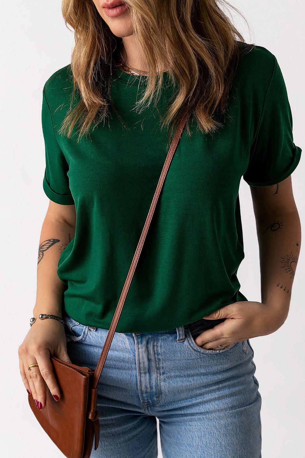 Round Neck Cuffed Short Sleeve Tee - BELLATRENDZ