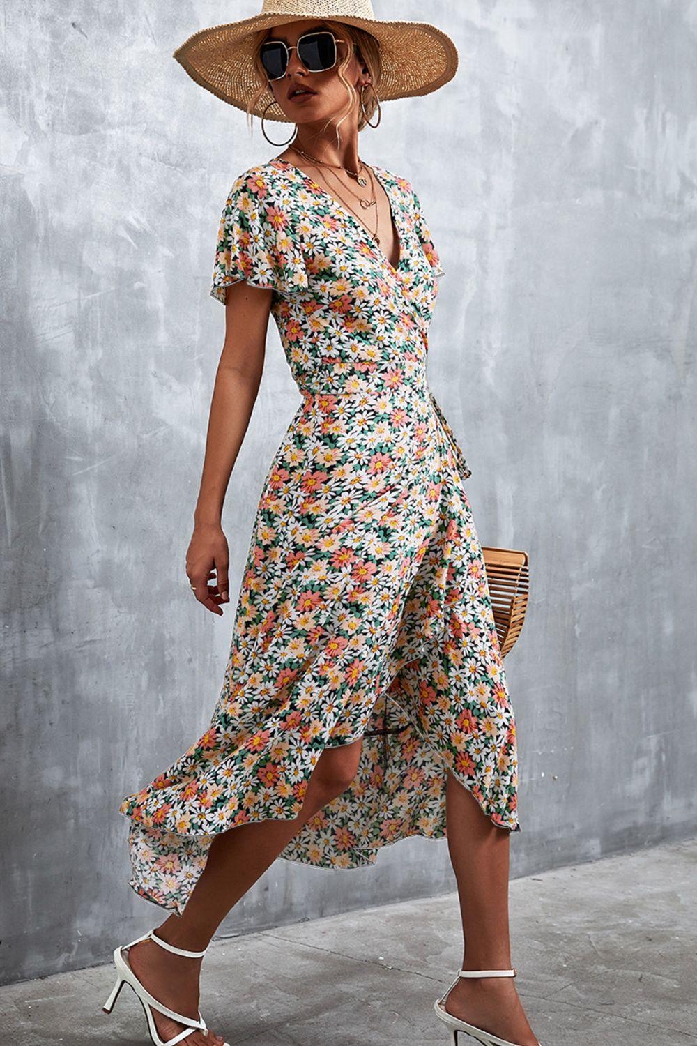 Floral Surplice Neck Tied Midi Dress - BELLATRENDZ