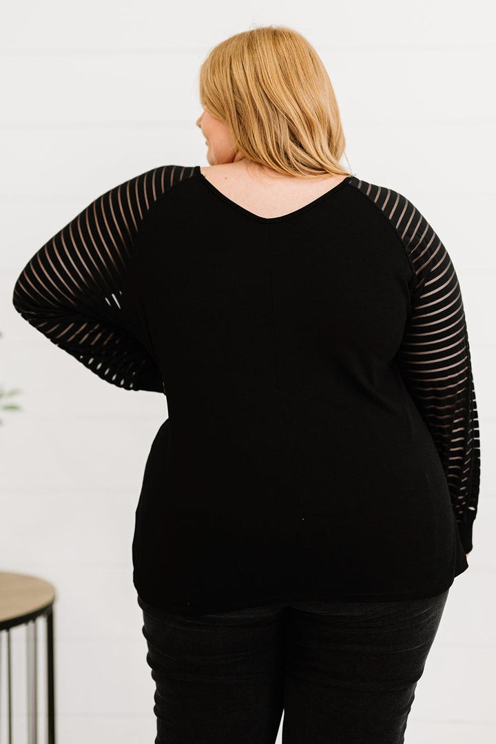 Plus Size Sheer Striped Sleeve V-Neck Top - BELLATRENDZ