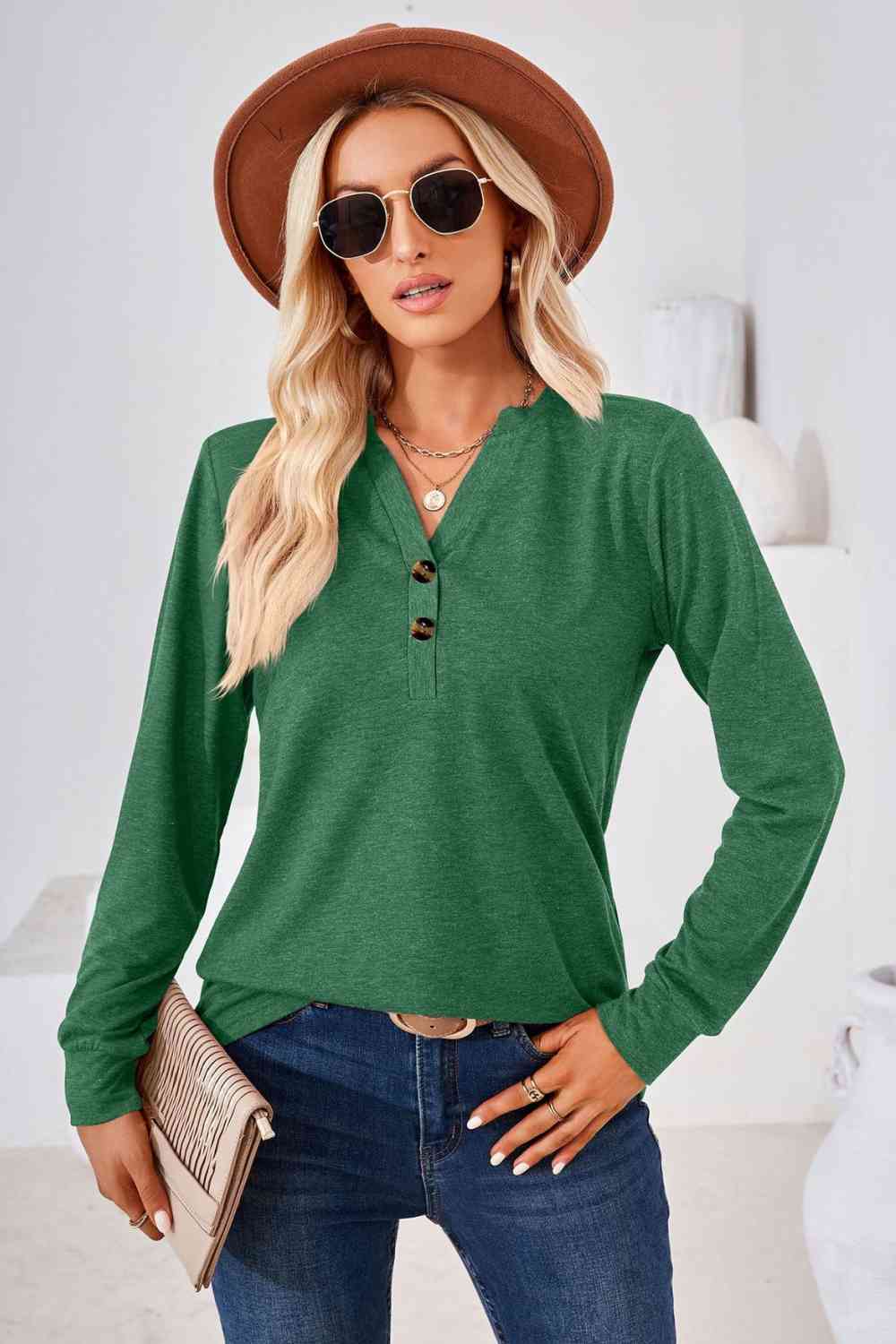 V-Neck Buttoned Long Sleeve Blouse