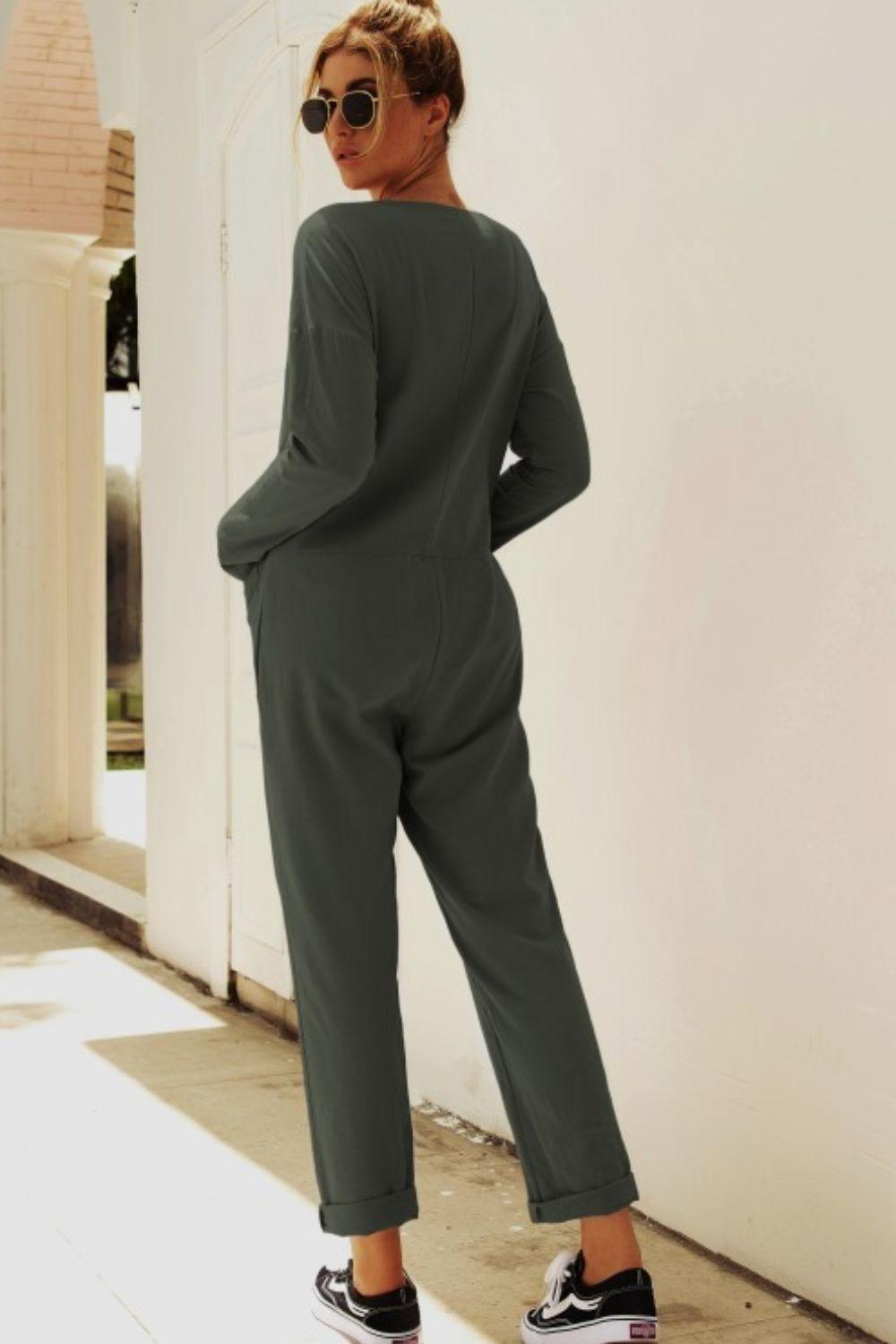 Buttoned Drop Shoulder Pocket Jumpsuit - BELLATRENDZ