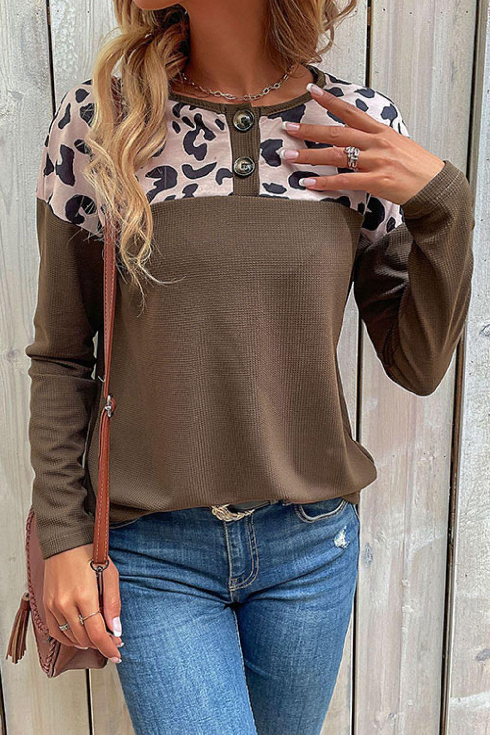 Leopard Buttoned Round Neck Drop Shoulder Top - BELLATRENDZ