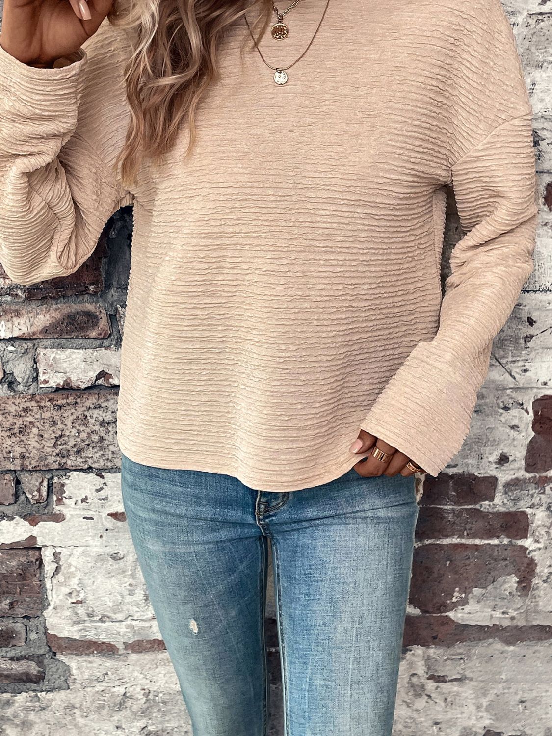 Textured Round Neck Dropped Shoulder Top